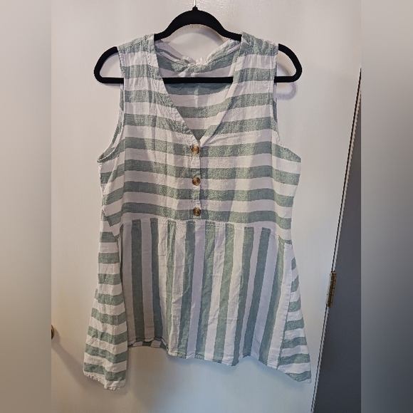 beachlunchlounge Tops - Beachlunchlounge Linen Cotton Sleeveless Shirt Tunic Women XL Green Stripes Cute